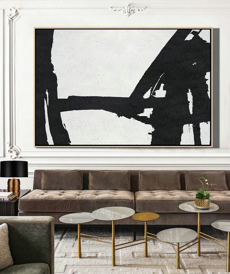 Large Contemporary Painting,Hand Painted Oversized Horizontal Minimal Art On Canvas, Black And White Minimalist Painting - Contemporary Wall Art